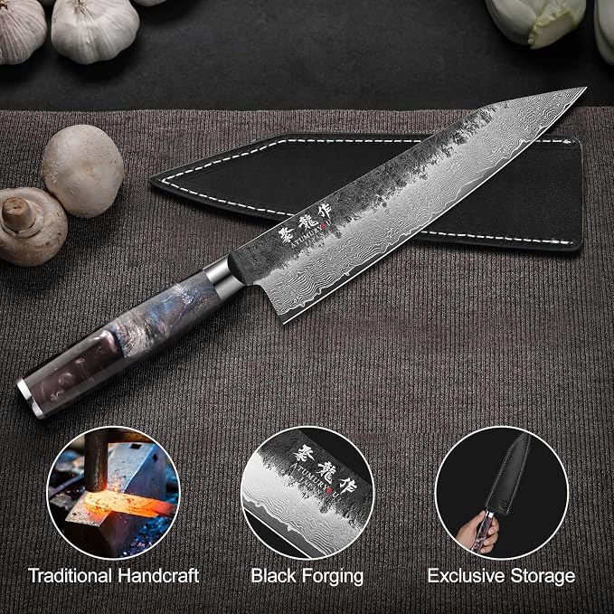 8.27 Inch Japanese Kiritsuke Chef Knife with VG10 Core, Professional 67-Layer Hand-Forged Damascus Knife with Ergonomic Handle, Leather Sheath and Elegant Gift Box – Perfect Gifts for Women Men