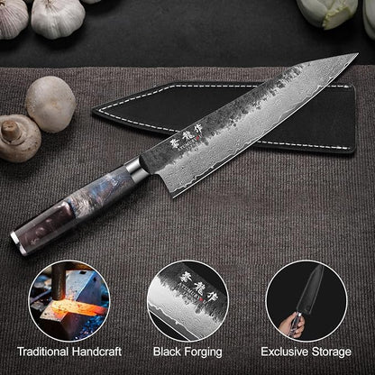8.27 Inch Japanese Kiritsuke Chef Knife with VG10 Core, Professional 67-Layer Hand-Forged Damascus Knife with Ergonomic Handle, Leather Sheath and Elegant Gift Box – Perfect Gifts for Women Men