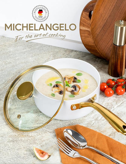 MICHELANGELO 2 Quart Saucepan with Lid, Nonstick Ceramic Sauce Pan with Ergonomic Handle, 2 Qt Small Pot, Oven-Safe, Induction-Compatible, White