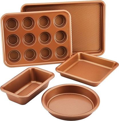 Ayesha Curry Kitchenware Nonstick Bakeware Set Includes Cookie Sheet, Loaf, Muffin Cake Pans, 5-Piece, Copper