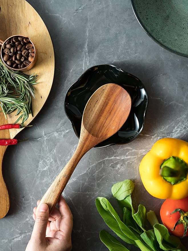 Miamolo Black Spoon Rest for Kitchen Counter, 5.3" Ceramic Spoon Holder for Stove Top, Heat Resistant & Dishwasher Safe Cute Spoon Rests Spatula Holder for Multiple Utensils, Farmhouse Kitchen Decor