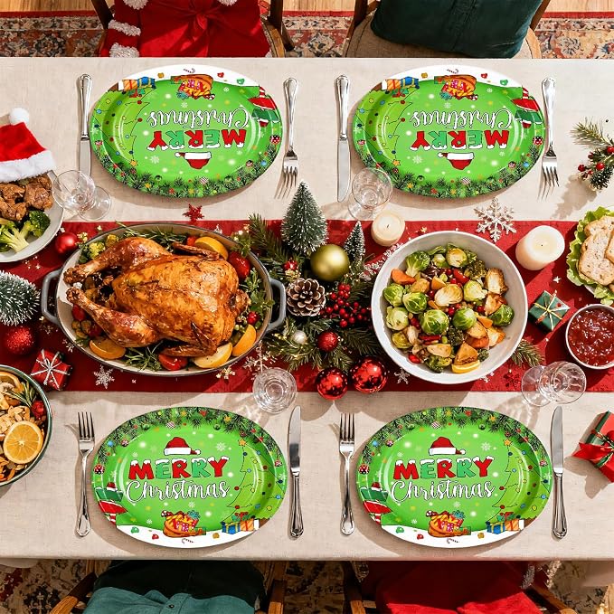50Pcs Christmas Oval Paper Plates 10" x 12" Large Disposable Heavy Duty Merry Christmas Red Green Party Plates Xmas Balls Tree Snowflake Dessert Platter for Winter Friends Holiday Home Party Supplies