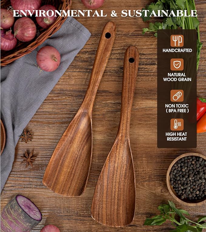 Wooden Spatula Spoon, Multifunction Spatula Cooking Spoon for Non Stick Cookware, Heat Resistant Acacia Wood Kitchen Utensils for Cooking, Serving, Scooping, Scraping, BPA-Free, 11.6 x 2.8 Inch
