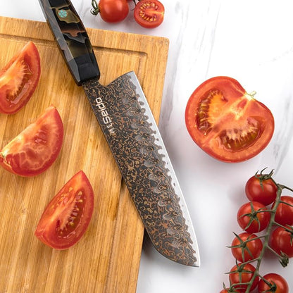 Kurogane 7-Inch Santoku Knife | VG-10 Damascus Steel | Granton Edge | G10 & Copper Handle