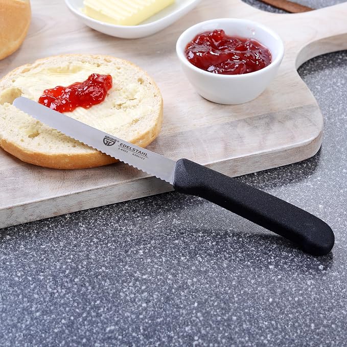 GRÄWE table knives 6 pieces, knife set for cutting, pack of 6 bread knives, breakfast knives with serrated edge on one side, knife 21 cm - Black