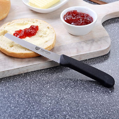 GRÄWE table knives 6 pieces, knife set for cutting, pack of 6 bread knives, breakfast knives with serrated edge on one side, knife 21 cm - Black