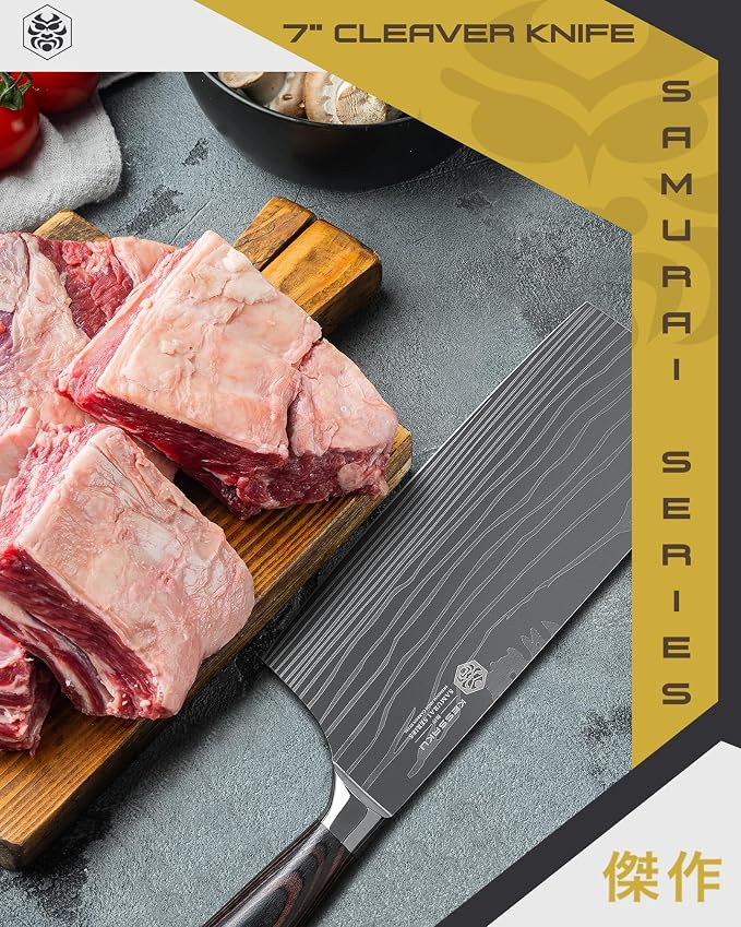 KESSAKU Meat Cleaver Butcher Knife - 7 inch - Samurai Series - Heavy Duty - Razor Sharp - Forged 7Cr17MoV High Carbon Stainless Steel - Wood Handle with Blade Guard