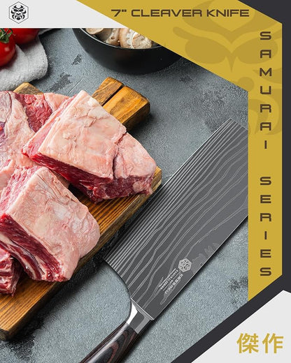 KESSAKU Meat Cleaver Butcher Knife - 7 inch - Samurai Series - Heavy Duty - Razor Sharp - Forged 7Cr17MoV High Carbon Stainless Steel - Wood Handle with Blade Guard