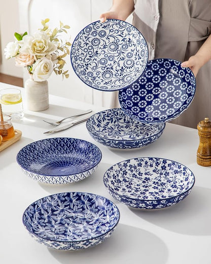 vancasso SELENE 50 oz Large Pasta Bowls Set of 6, Porcelain Serving Bowls, 9.5 Inch Wide Shallow Salad & Soup Bowls, Kitchen Pasta Plates, Microwave and Dishwasher Safe, Blue White Floral Design