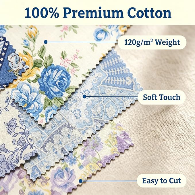 Nodsaw 42pcs 5" Vintage Blue Floral Cotton Fabric Squares - Precut Fabric Quilting Charm Pack - Assorted Print Quilt Fabric Squares 5x5 inch for Sewing, DIY Crafts, and Home Decor, Sunshine Blooms