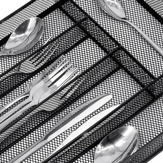 Neudeco Silverware Drawer Organizer, Black | 5 Compartment, Mesh Wire, Non-Slip Feet, Cutlery Tray