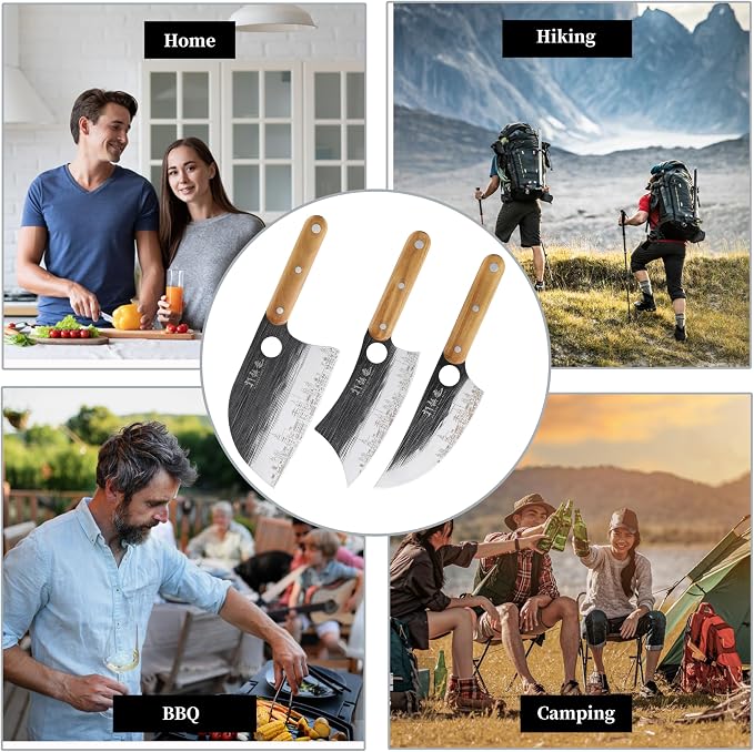 3PCS Butcher Knife Set, 7" Butcher Meat Cleaver, 7" Serbian Chef Knife and 6.5" Viking Knife, Hand Forged Butcher Knife with Wooden Handle, Ideal for Home, Camping, BBQ (Unique Pattern)