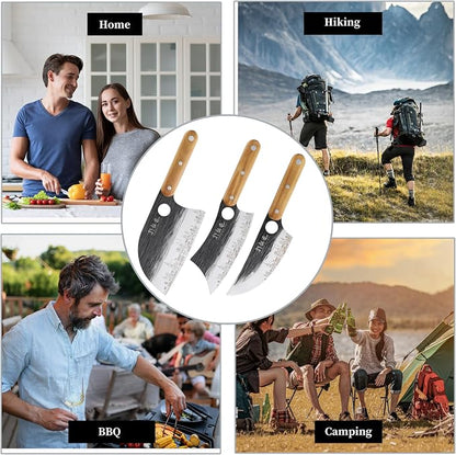 3PCS Butcher Knife Set, 7" Butcher Meat Cleaver, 7" Serbian Chef Knife and 6.5" Viking Knife, Hand Forged Butcher Knife with Wooden Handle, Ideal for Home, Camping, BBQ (Unique Pattern)