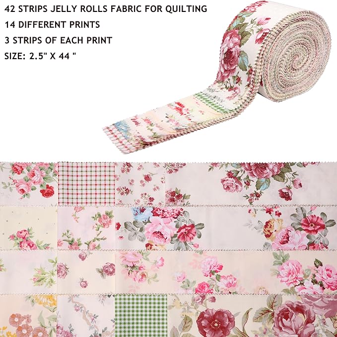 Nodsaw Jelly Rolls for Quilting Clearance 42 Strip 2.5" x 44" - Cotton Jelly Roll Fabric Strips for Quilting, Sewing, Blanket, Rug, Home Decor, and Purse Making, Vintage Floral
