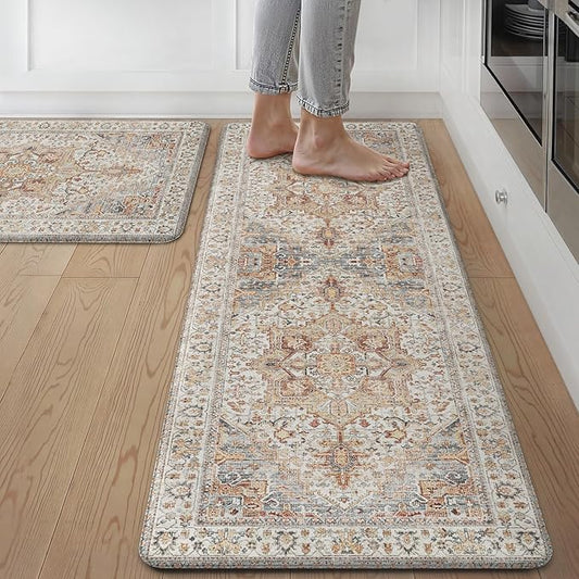 GENIMO Kitchen Mats for Floor, 2PCS Kitchen Rugs Non Slip Washable, Waterproof Anti Fatigue Mat, Comfort Standing Runner Rug for Sink, Office, Laundry, Home, 17.3"x47"+17.3"x30", Orange&Brown