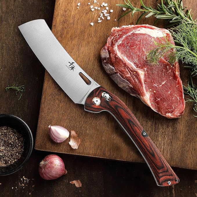 SENBON 440 Stainless Steel Super Sharp Folding Chef Knife - Colorful Wood Handle - Portable Kitchen Knife for Camping, Barbecue, Outdoor Use