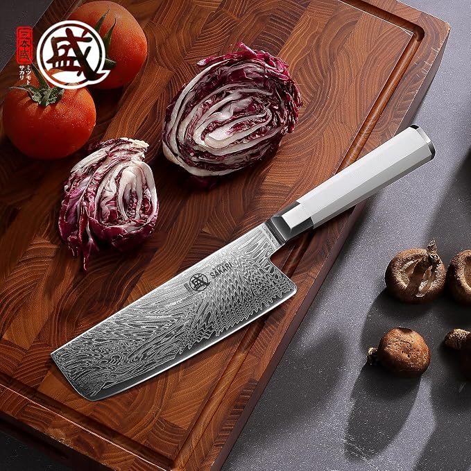 MITSUMOTO SAKARI 6.5-Inch VG-Pro Damascus Nakiri Knife, Hand Forged Professional Japanese Chef Knife, Ergonomic G10 Handle & Sandalwood Box