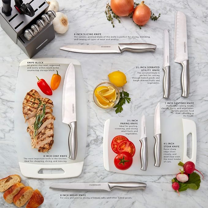 Farberware 15-Piece Stamped Stainless Steel Knife Block Set, High-Carbon Stainless Steel Kitchen Knife Set with Ergonomic Handles, Razor-Sharp Knives with Wood Block, 15-Piece Set, Graphite