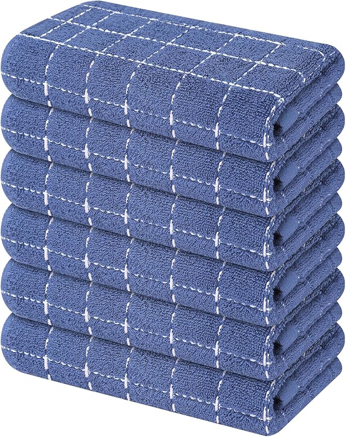 Mordimy 100% Cotton Terry Cloth Kitchen Towels, Super Soft and Absorbent Dish Towels for Drying, Checkered Designed Hand Towels for Kitchen, 16 x 26 Inches, 6 Pack, Navy Blue