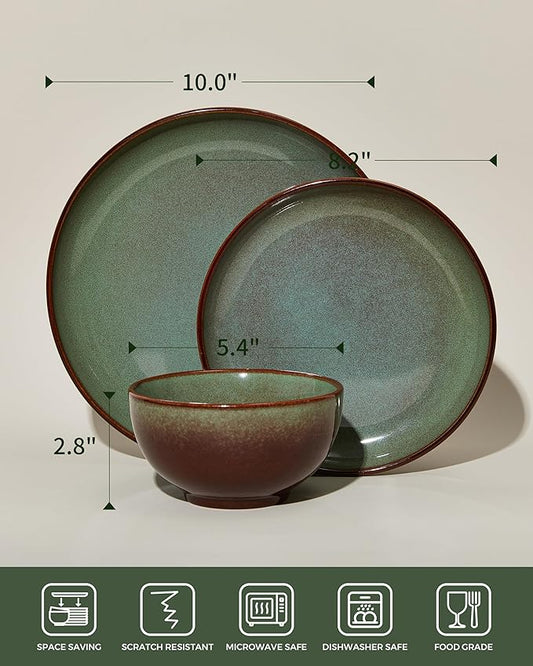 Pokini Stoneware Dinnerware Sets Service for 12, 36 pcs Reactive Glaze Plates and Bowls Sets, Handmade Ceramic Dish Set, Highly Chip and Crack Resistant Modern Plate Set, Brown Green