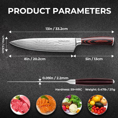 DiiHAUZZ 8 Inch Chef Knife, High Carbon Stainless Steel - Ultra Sharp Kitchen Gyutou Knife for Slicing Meat, Dicing Vegetables and Daily Meal Prep, Ergonomic Handle with Sheath, Fathers Day Gift