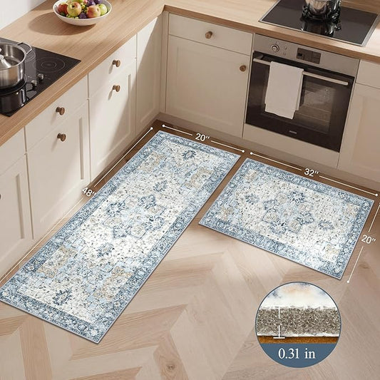 GENIMO Kitchen Rugs Non Slip Washable, 2PCS Kitchen Mats for Floor, Cushioned Standing Mat, Kitchen Runner Rug Floor Mat for Kitchen Decor, Laundry, Sink, Entryway, Home, 20"x32"+20"x48", Blue