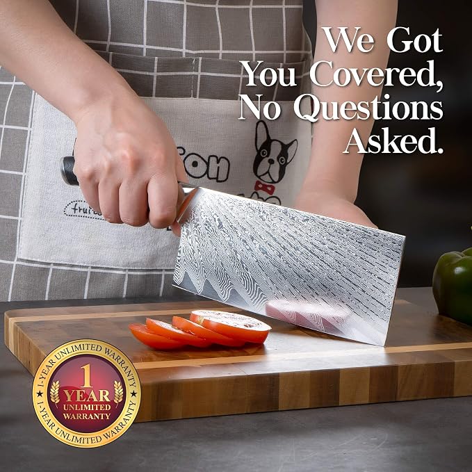 Master Maison Authentic 7.5" Damascus Cleaver Knife with Full-Tang Handle, Sheath, Sharpening Stone, Storage Box & Drying Cloth | AUS-10 Japanese Stainless Steel Professional Chef Butcher Knife Set
