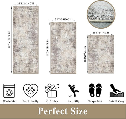 Kitchen Mats for Floor 3 Piece Set,Non-Slip Washable Kitchen Mats for Hardwood Floor, Boho Farmhouse Runner Rug for Sink,Entryway & Hallway & Bathroom (Brown Grey Beige, 2x3+2x4+2x5)