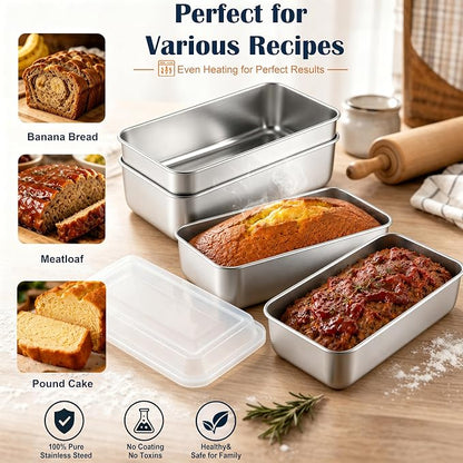 E-far Loaf Pan with Lid, 9 x 5 Inch Stainless Steel Bread Pan for Homemade Bread, Rectangle Baking Tin for Sourdough, Meatloaf, Banana Cake, Nontoxic & Dishwasher Safe