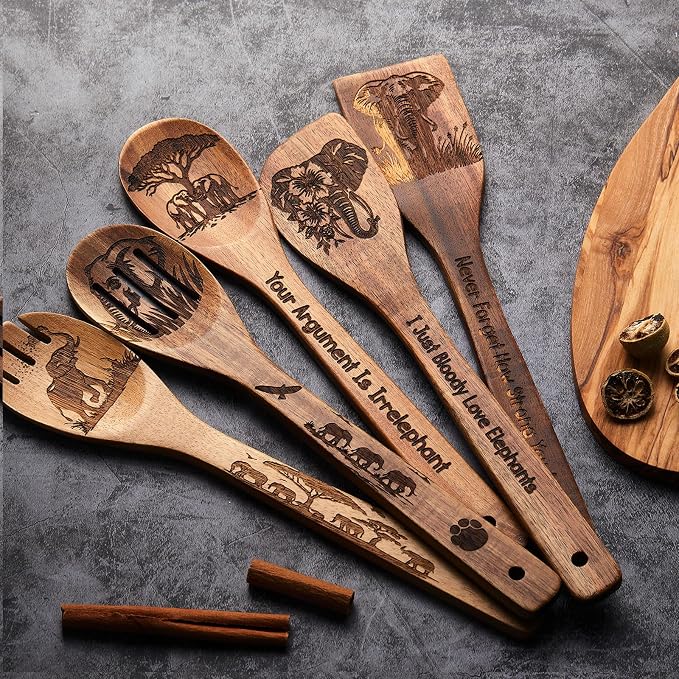 Remerry 6 Pcs Elephant Gifts for Women Elephant Kitchen Gift Set with Acacia Cooking Spoons Apron Christmas Kitchen Cooking Utensils Set for Christmas Mother's Day Housewarming Gift