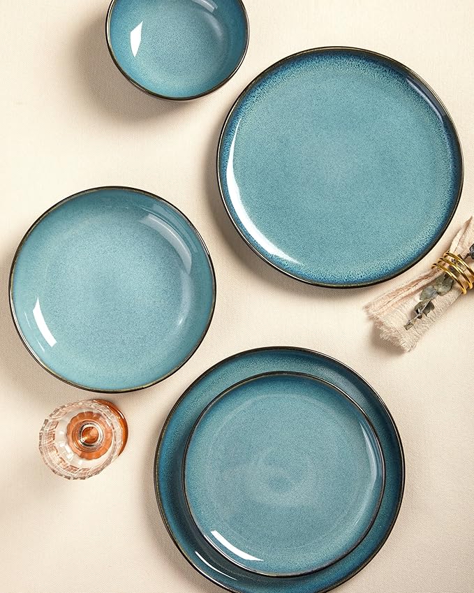 Pokini Plates and Bowls Sets, 16 Pieces Dinnerware Set for 4 with Pasta Bowls, Handmade Dishes Set, Chip Resistant Dishware Sets, Microwave Safe Dinner Set, Designed for Interactive Meals, Green Black