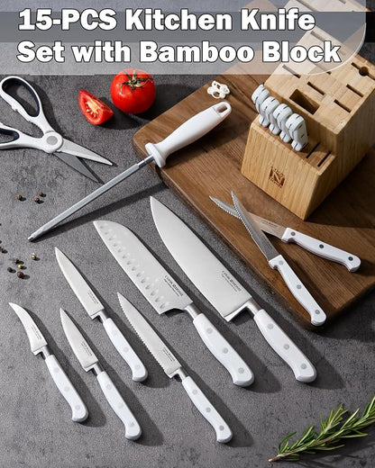 Cook N Home Basics Bamboo Kitchen Cutlery Block Set with Knifes, High Carbon Stainless Steel Blade, 15-Piece, White