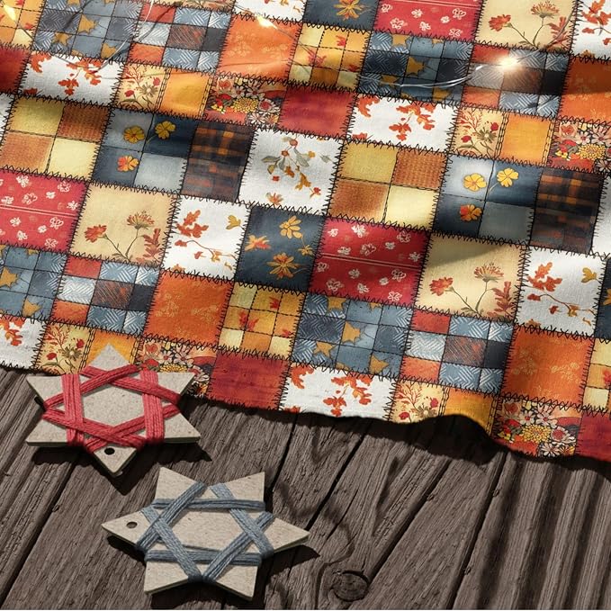 Autumn Patchwork Cotton Fabric Panel 61 x 36.6 Inches, Vintage Quilt Style Floral Printed Cotton Sewing Fabric, 140 GSM