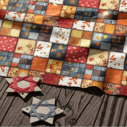 Autumn Patchwork Cotton Fabric Panel 61 x 36.6 Inches, Vintage Quilt Style Floral Printed Cotton Sewing Fabric, 140 GSM
