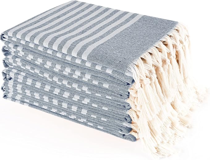 TWINY threads Set of 6 100% Cotton Turkish Kitchen Towels with Hanging Loop & Tassels (18" X 28") | Ultra Washcloth with Fringes | Reusable Hand Towels - Navy Blue