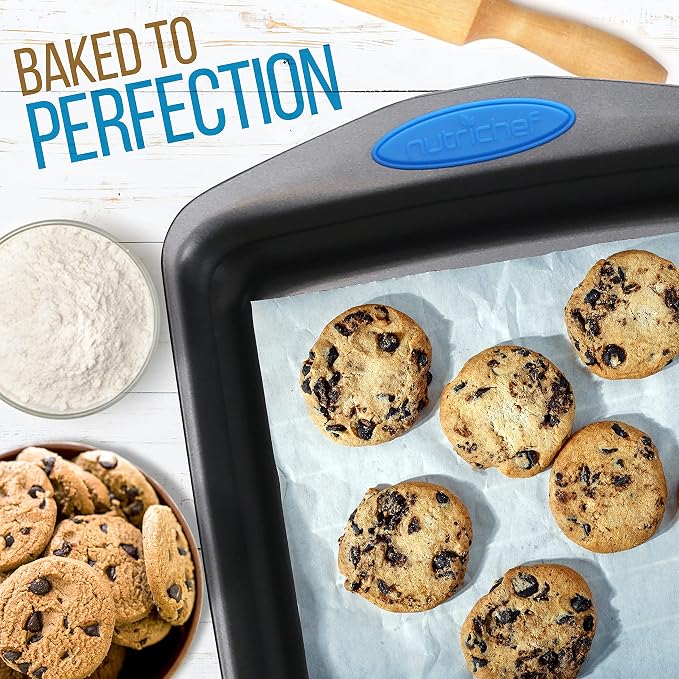 NutriChef 2-Piece Nonstick Baking Pan Set – Carbon Steel Cookie Sheet w/ Red Silicone Grip Handles – Durable, Heavy-Duty Bakeware for Even Heat Distribution – Oven Safe, Easy Cleanup – Gray