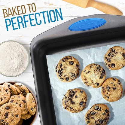 NutriChef 2-Piece Baking Pan Set - Premium Non-Stick Coating Carbon Steel Bakeware w/ Silicone Handles - PFOA, PFOS, PTFE Free Kitchen Oven Bake Tray, Cookie Sheets - Dark Gray, 17.3"x11.4"x1.2"