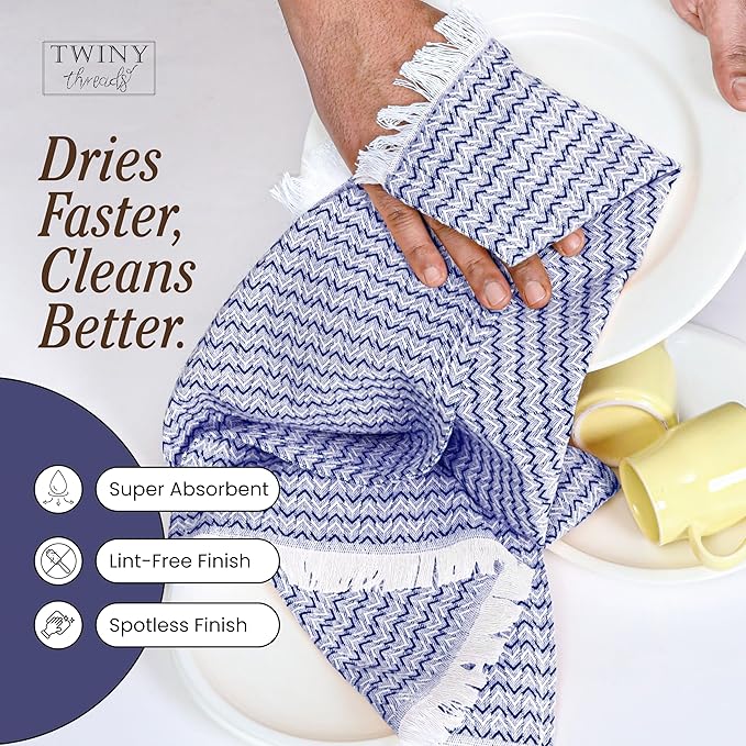 TWINY threads Kitchen Towel Chevron Pattern, Premium Large Kitchen Linen Set, 100% Cotton Wash Rags, Absorbent Quick Drying Cloths, Washable Reusable Multi Purpose, Set of 12, 16x26 Inch, Indigo Blue