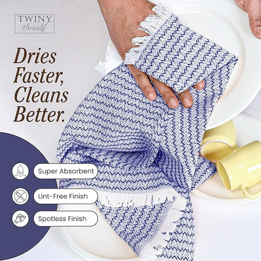 TWINY threads Kitchen Towel Chevron Pattern, Premium Large Kitchen Linen Set, 100% Cotton Wash Rags, Absorbent Quick Drying Cloths, Washable Reusable Multi Purpose, Set of 12, 16x26 Inch, Indigo Blue