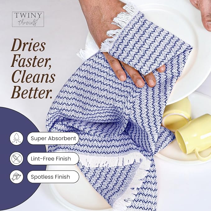 TWINY threads Kitchen Towel Chevron Pattern, Premium Large Kitchen Linen Set, 100% Cotton Wash Rags, Absorbent Quick Drying Cloth, Washable Reusable Multi Purpose, Set of 4, 16x26 Inches, Indigo Blue