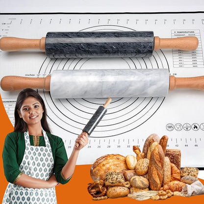 18.5 inches Marble Rolling Pin,Large Non-Stick Dough Roller,for making pizza, cookies,pie crusts, and pasta.with Silicone Pastry Mat,Stainless Steel Scraper,and Small Wooden Roller Pin(White)