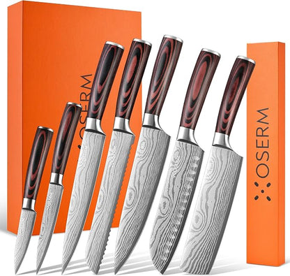 Gift-Ready Knife Set, Japanese Style 8-Piece (7+1) Kitchen Knife Set for Weddings & Premium Gifting, Orange Beautiful Gift Box, High Carbon Steel Knives Sets Includes An Additional 8" Chef Knife