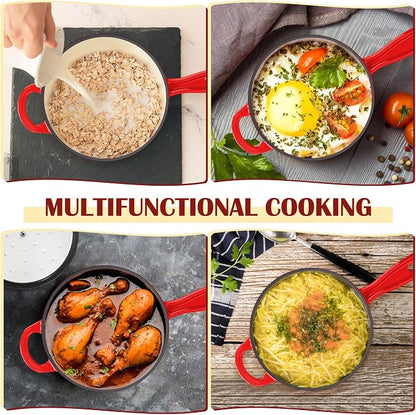 E-far Enameled Cast Iron Sauce Pan, 2 Quart Dutch Oven Saucepan with Lid, Small Sauce Pot for Cooking, Boiling, Healthy & Non Toxic, Induction & Oven Safe, Red
