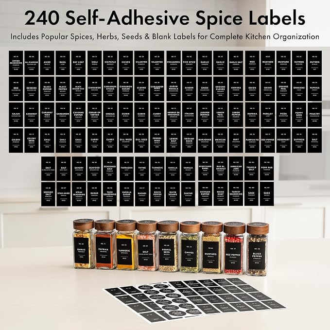 EDELHAUS Square Spice Jars with Acacia Wooden Lid (Pack of 36) Spice Jars with Shaker Insert and 240 White Labels - Acacia Lid Glass Container for Spice Organisation [4.3 in × 1.8 in]