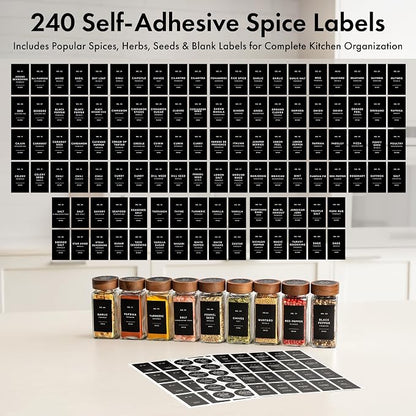 EDELHAUS Square Spice Jars with Acacia Wooden Lid (Pack of 36) Spice Jars with Shaker Insert and 240 White Labels - Acacia Lid Glass Container for Spice Organisation [4.3 in × 1.8 in]