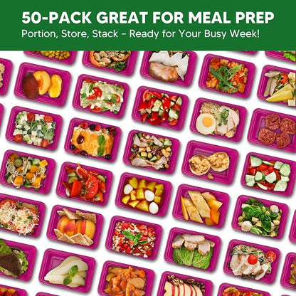 50 Pack Meal Prep Containers with Lids 38oz - BPA-Free, Reusable, Leakproof Food Storage Containers - Microwave/Dishwasher/Freezer Safe, To Go Take Out Plastic Food Storage Pans(Red)