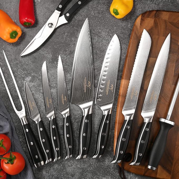 16-Piece Damascus Knife Set with Block, VG10 67-Layer Damascus Steel Kitchen Knife Set with Triple-Rivet Handles, 6 Steak Knives, Meat Fork, Sharpener & Scissors, Natural Wood