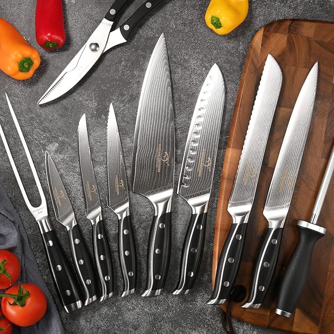 16-Piece Damascus Knife Set with Block, VG10 67-Layer Damascus Steel Kitchen Knife Set with Triple-Rivet Handles, 6 Steak Knives, Meat Fork, Sharpener & Scissors, Gray