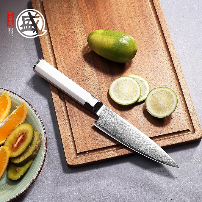 MITSUMOTO SAKARI 5.6-Inch Japanese Paring Knife, Hand Forged Damascus VG-Pro Steel Core Petty Knife, Precision Peeling & Detail Cutting for Fruits & Veg