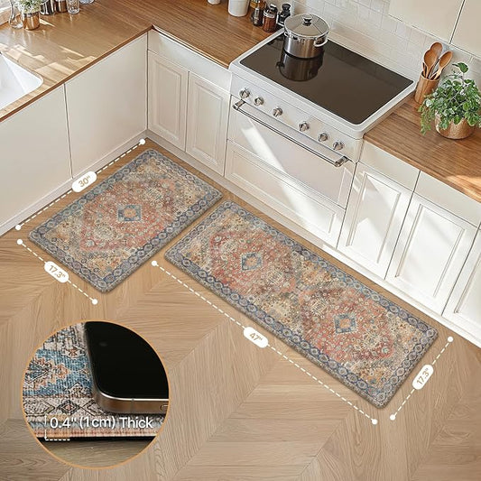GENIMO Kitchen Mats for Floor, 2PCS Kitchen Rugs Non Slip Washable, Waterproof Anti Fatigue Mat, Comfort Standing Runner Rug for Sink, Office, Laundry, Home, 17.3"x47"+17.3"x30", RetroBrick